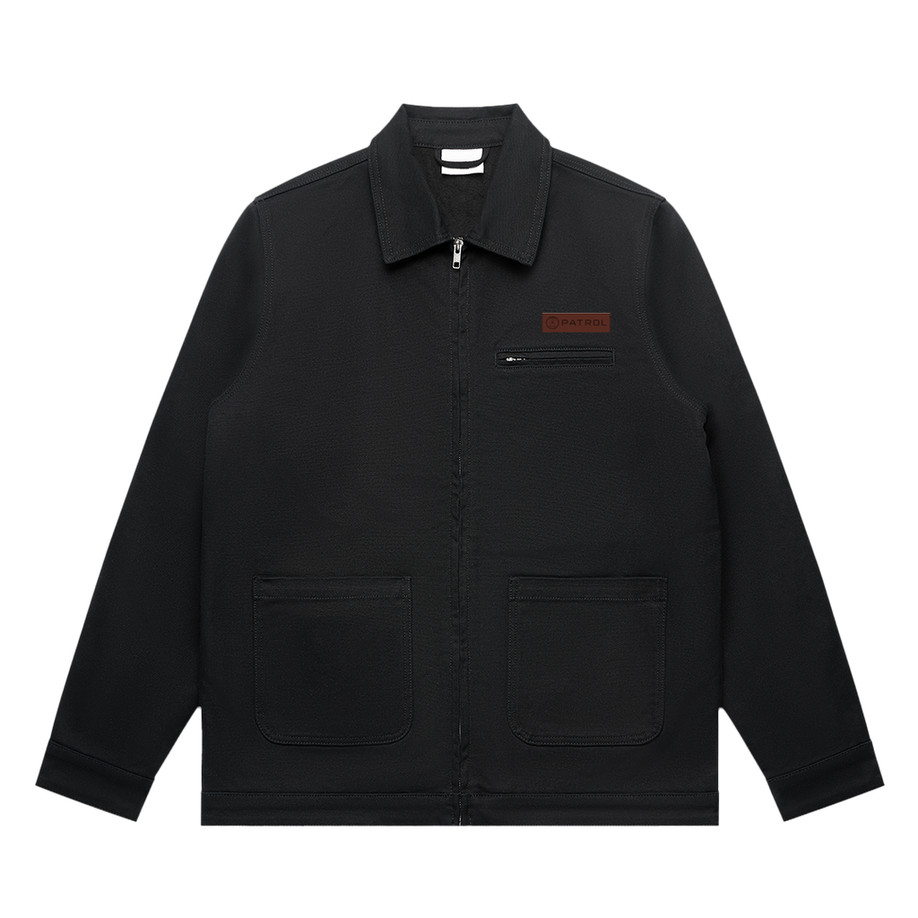Black Patrol Canvas jacket front, duck canvas fleece lined jacket, outdoor clothing
