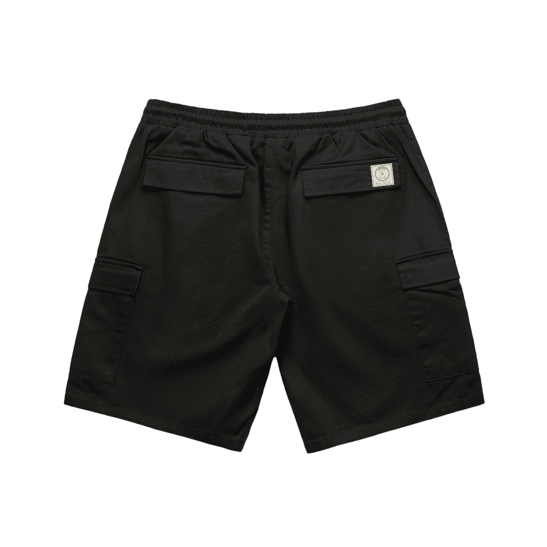 Black Patrol Cargo Shorts Front, 100% cotton summer shorts back, outdoor clothing