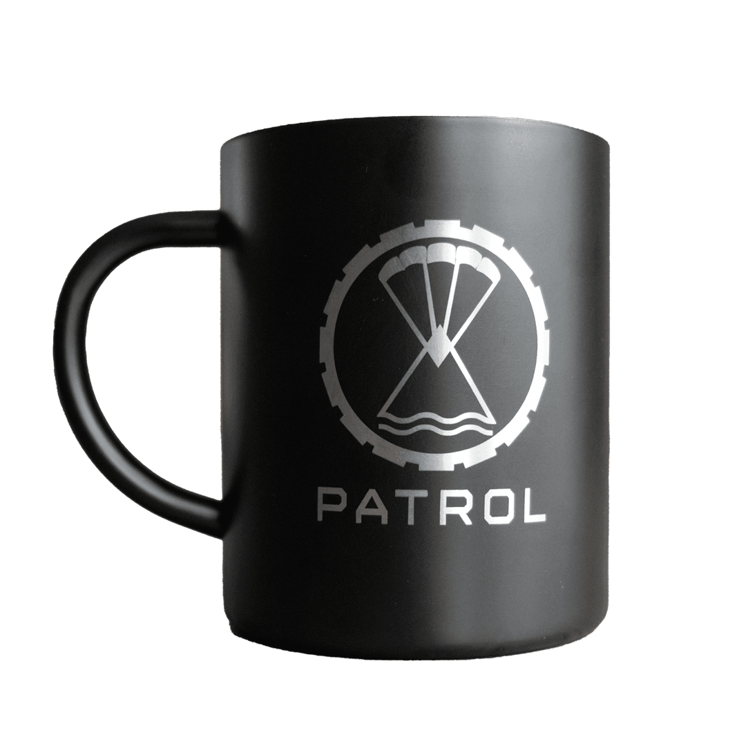 Patrol campfire mug, stainless steel mug, camping and outdoors drinkware.