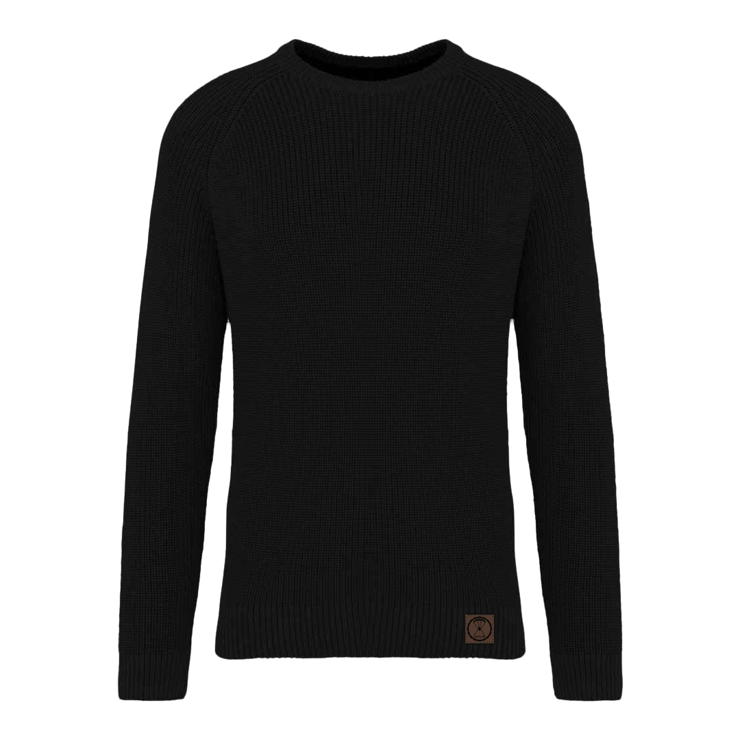 Patrol Goods black chunky knit sweater, outdoor mens clothing.