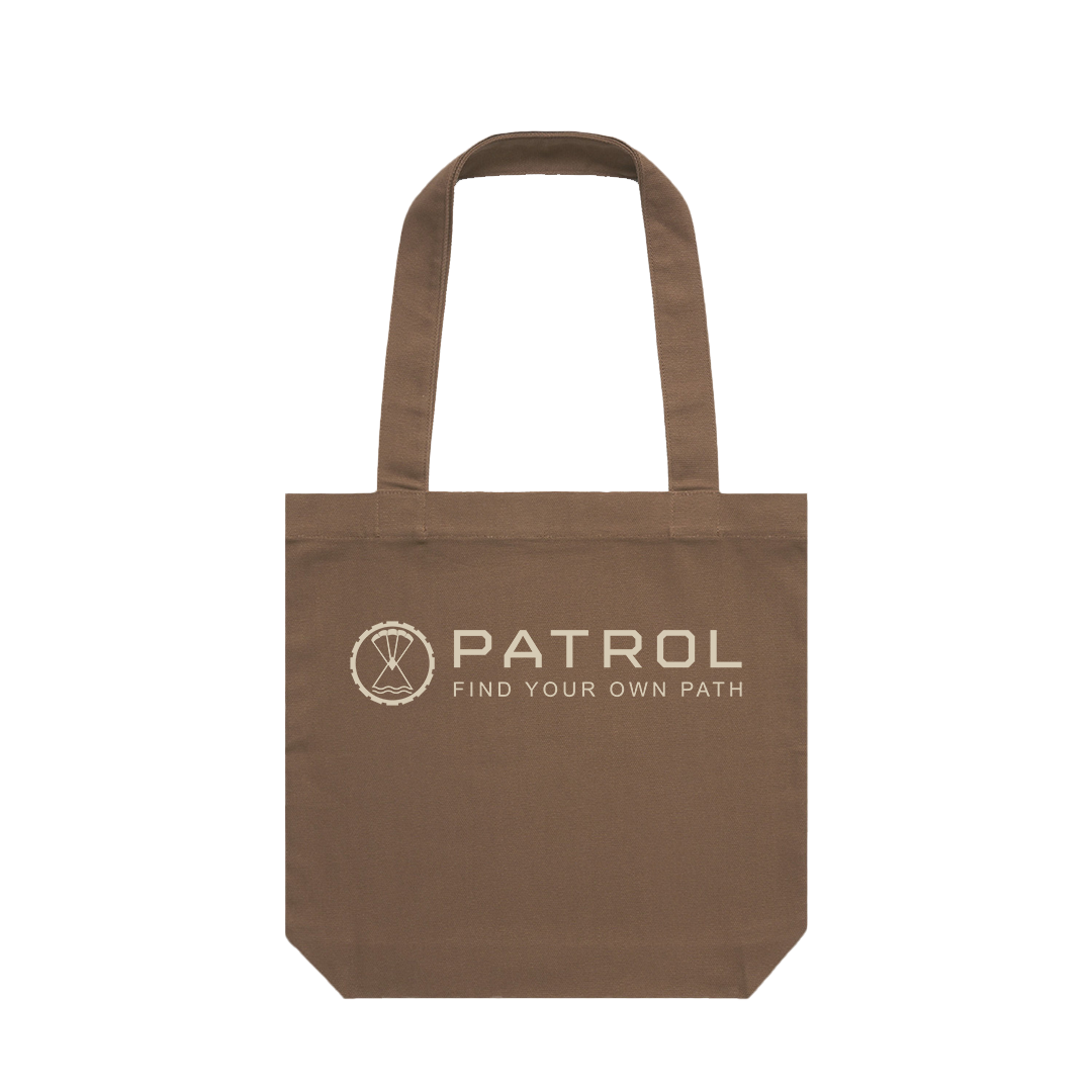 Patrol Goods brown canvas tote bag with sand logo