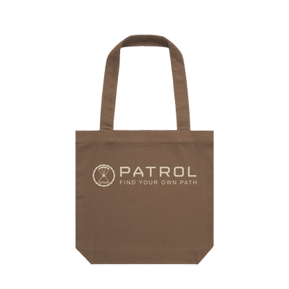 Patrol Goods brown canvas tote bag with sand logo