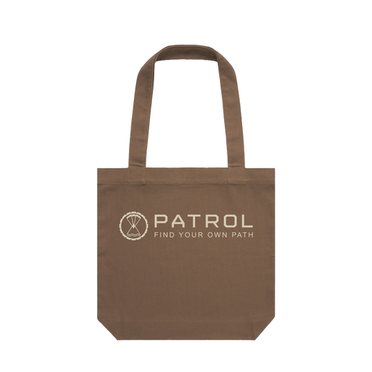 Patrol Goods brown canvas tote bag with sand logo