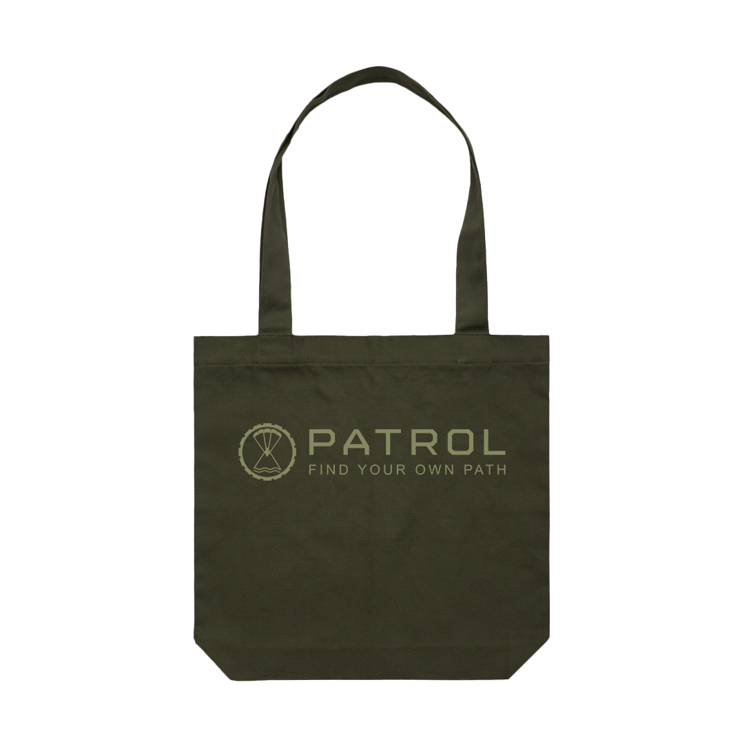 Patrol Goods green canvas tote bag with green logo