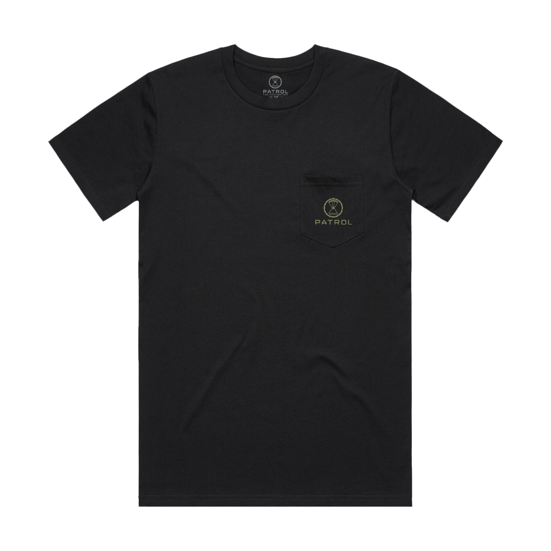 Patrol Goods black logo pocket tee, 100 percent cotton t-shirt with chest pocket and green logo branding. Outdoor clothing.