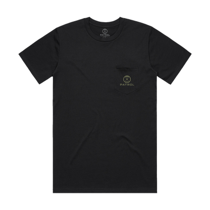 Patrol Goods black logo pocket tee, 100 percent cotton t-shirt with chest pocket and green logo branding. Outdoor clothing.