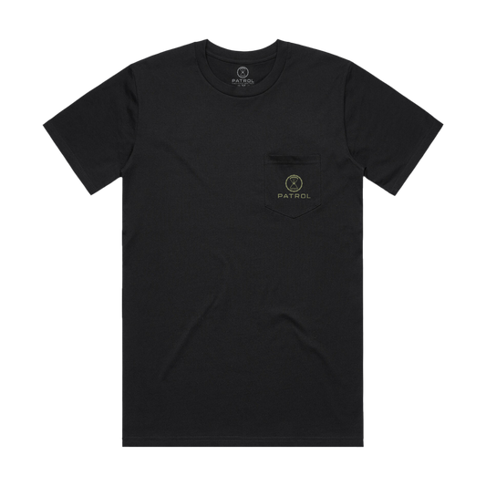 Patrol Goods black logo pocket tee, 100 percent cotton t-shirt with chest pocket and green logo branding. Outdoor clothing.