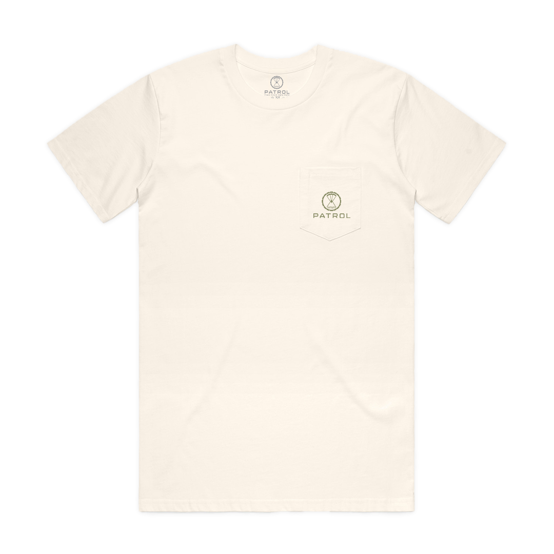 Patrol Goods ecru logo pocket tee, 100 percent cotton t-shirt with chest pocket and green logo branding. Outdoor clothing.