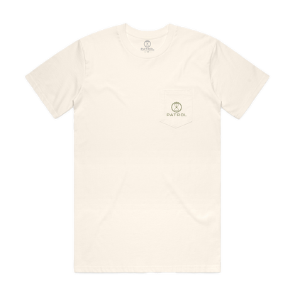 Patrol Goods ecru logo pocket tee, 100 percent cotton t-shirt with chest pocket and green logo branding. Outdoor clothing.