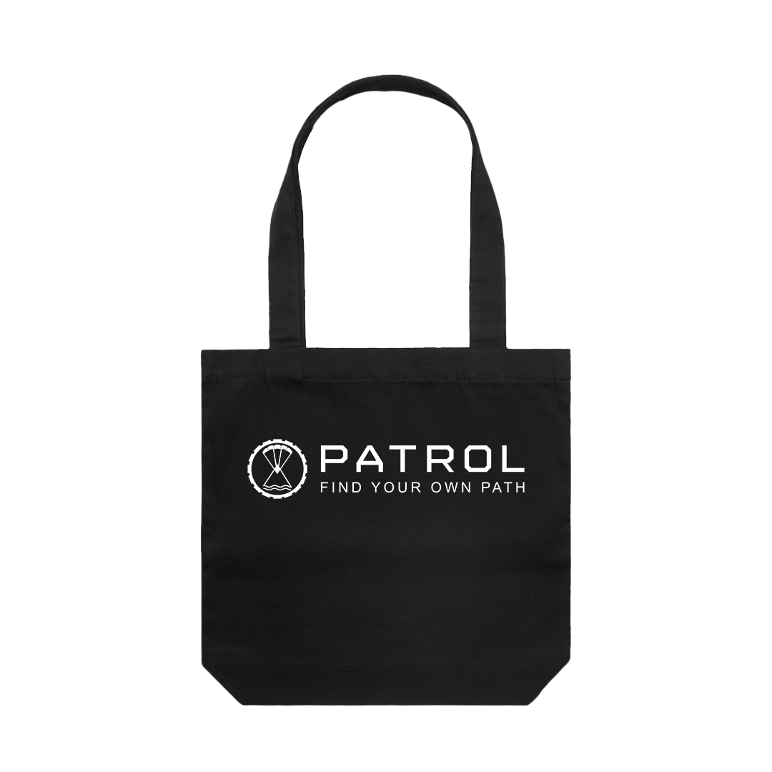 Patrol Goods black canvas tote bag with white logo