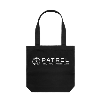 Patrol Goods black canvas tote bag with white logo