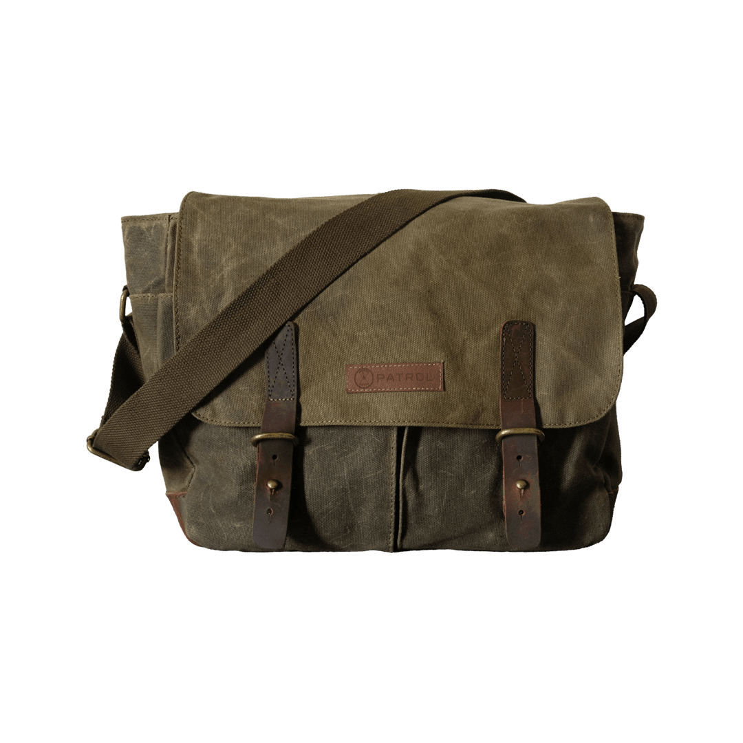 Olive Patrol Messenger Bag, Fully lined waxed canvas and leather bag, holds up to a 14" laptop