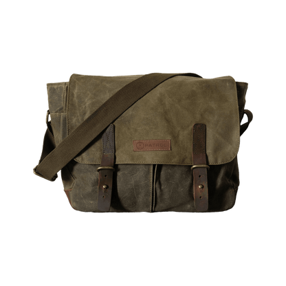 Olive Patrol Messenger Bag, Fully lined waxed canvas and leather bag, holds up to a 14" laptop