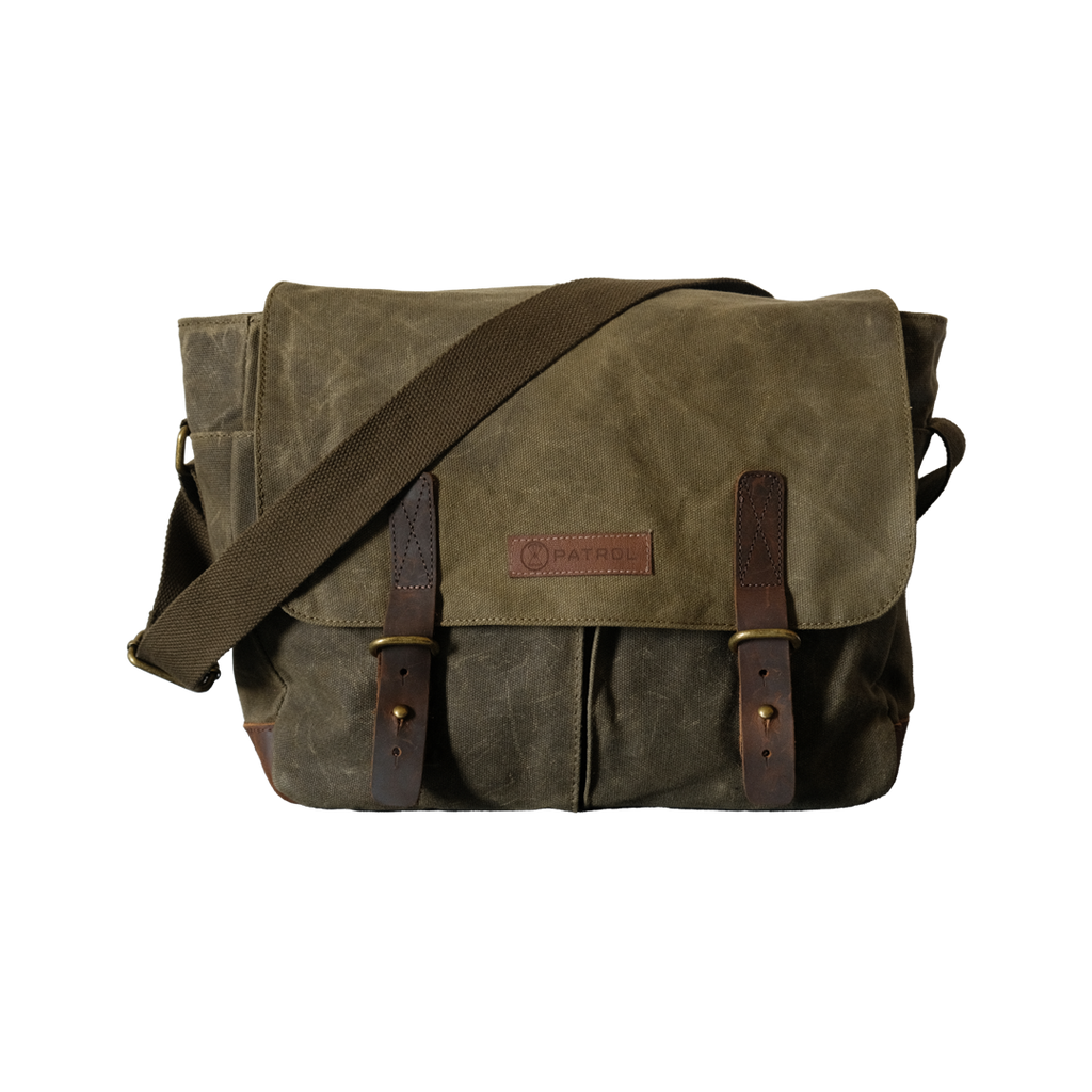 Olive Patrol Messenger Bag, Fully lined waxed canvas and leather bag, holds up to a 14" laptop