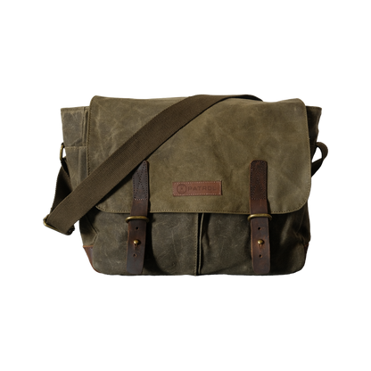 Olive Patrol Messenger Bag, Fully lined waxed canvas and leather bag, holds up to a 14" laptop