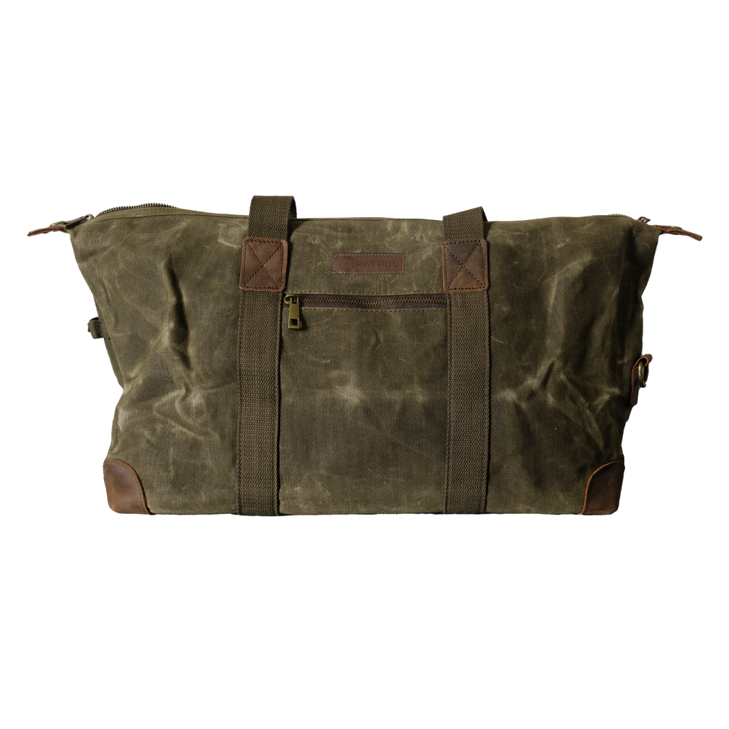 Olive Patrol Weekender Bag, Rugged fully lined waxed canvas and leather duffel bag, 19L of storage space
